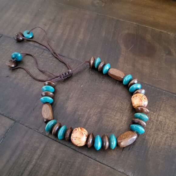Wooden Bead Stacked Slide Bracelet Brown Turquoise - Picture 1 of 7
